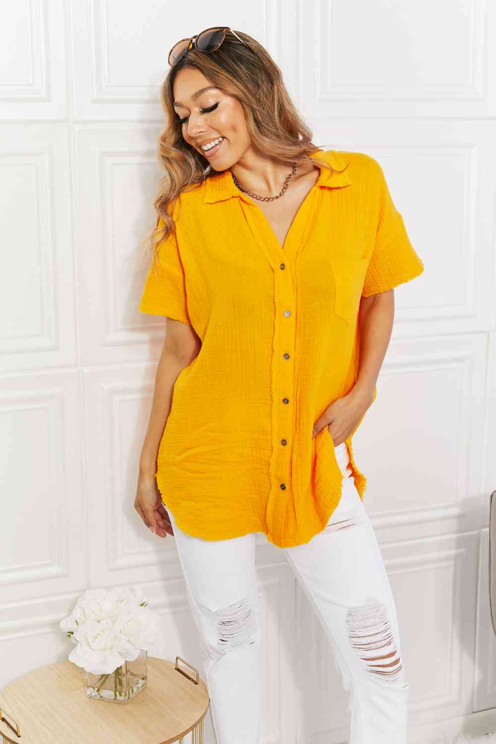 Full Size Summer Breeze Gauze Short Sleeve Shirt in Mustard