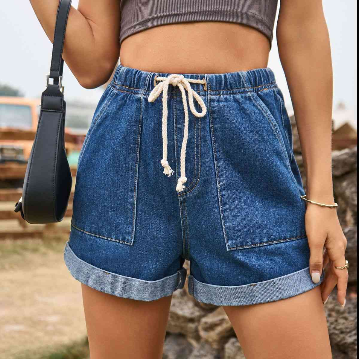 Drawstring High Waist Denim Shorts with Pockets