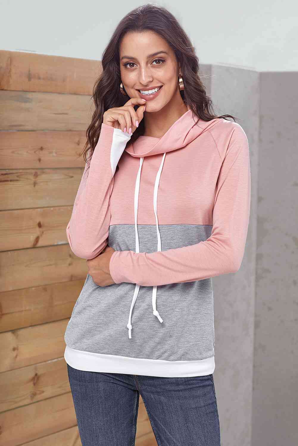 Color Block Raglan Sleeve Drawstring Sweatshirt