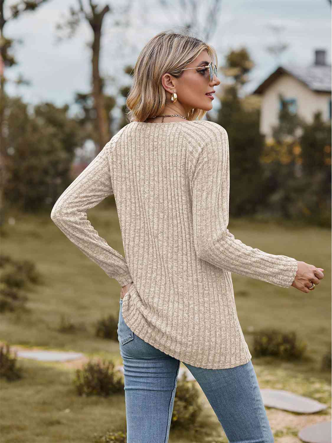 Full Size Ribbed Square Neck Long Sleeve T-Shirt