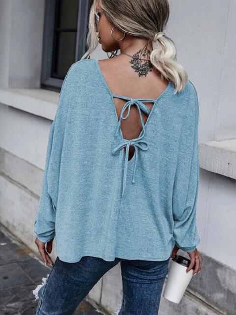 Full Size Round Neck Dropped Shoulder Tied T-Shirt