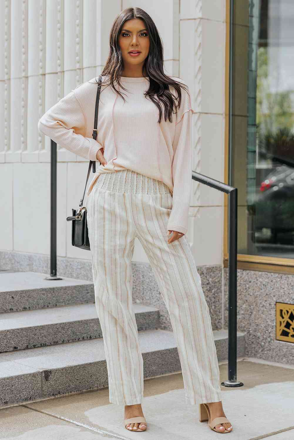 Striped Smocked Waist Wide Leg Pants