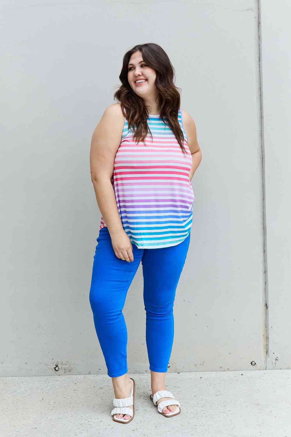 Love Yourself Multicolored Striped Sleeveless Round Neck Top