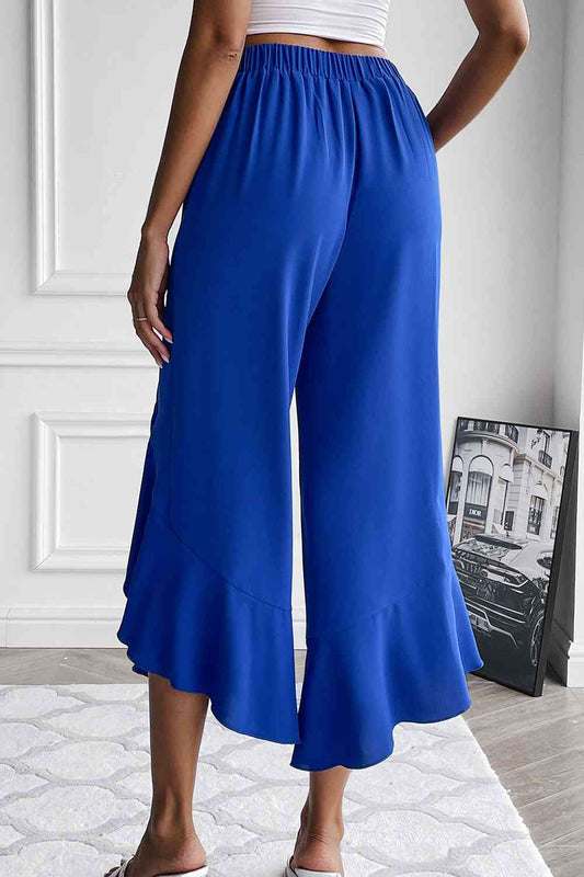 Ruffle Trim Cropped Wide Leg Pants