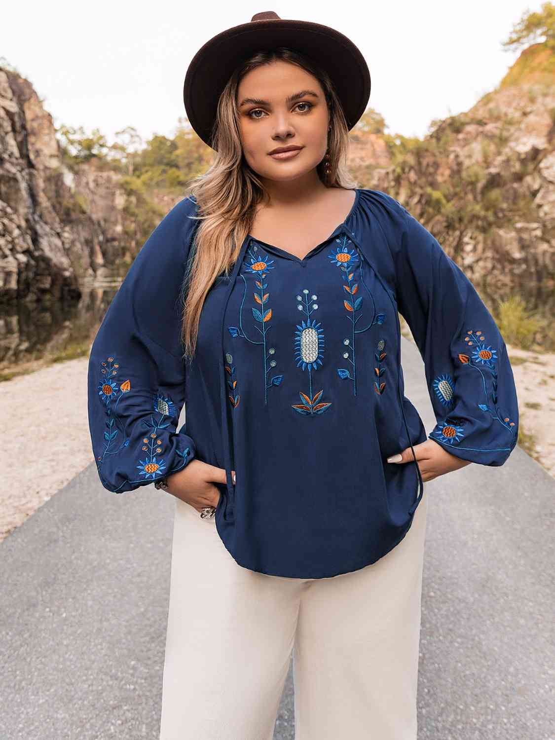 Plus Size Tie Neck Balloon Sleeve Top