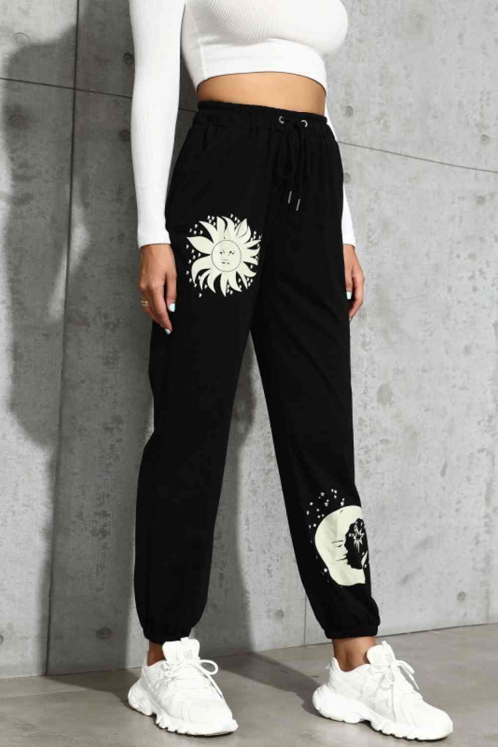 Sun and Moon Graphic Drawstring Joggers