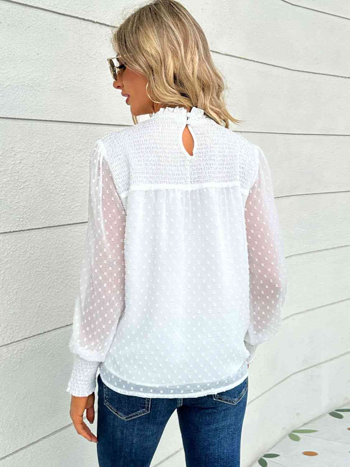 Swiss Dot Smocked Mock Neck Blouse