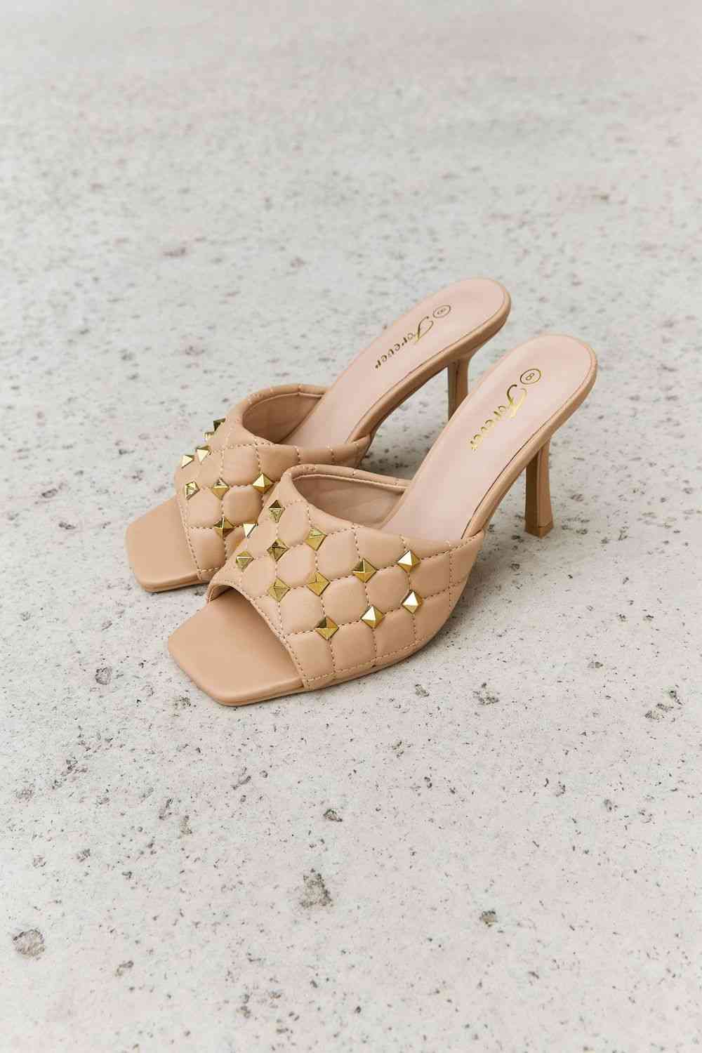 Square Toe Quilted Mule Heels in Nude