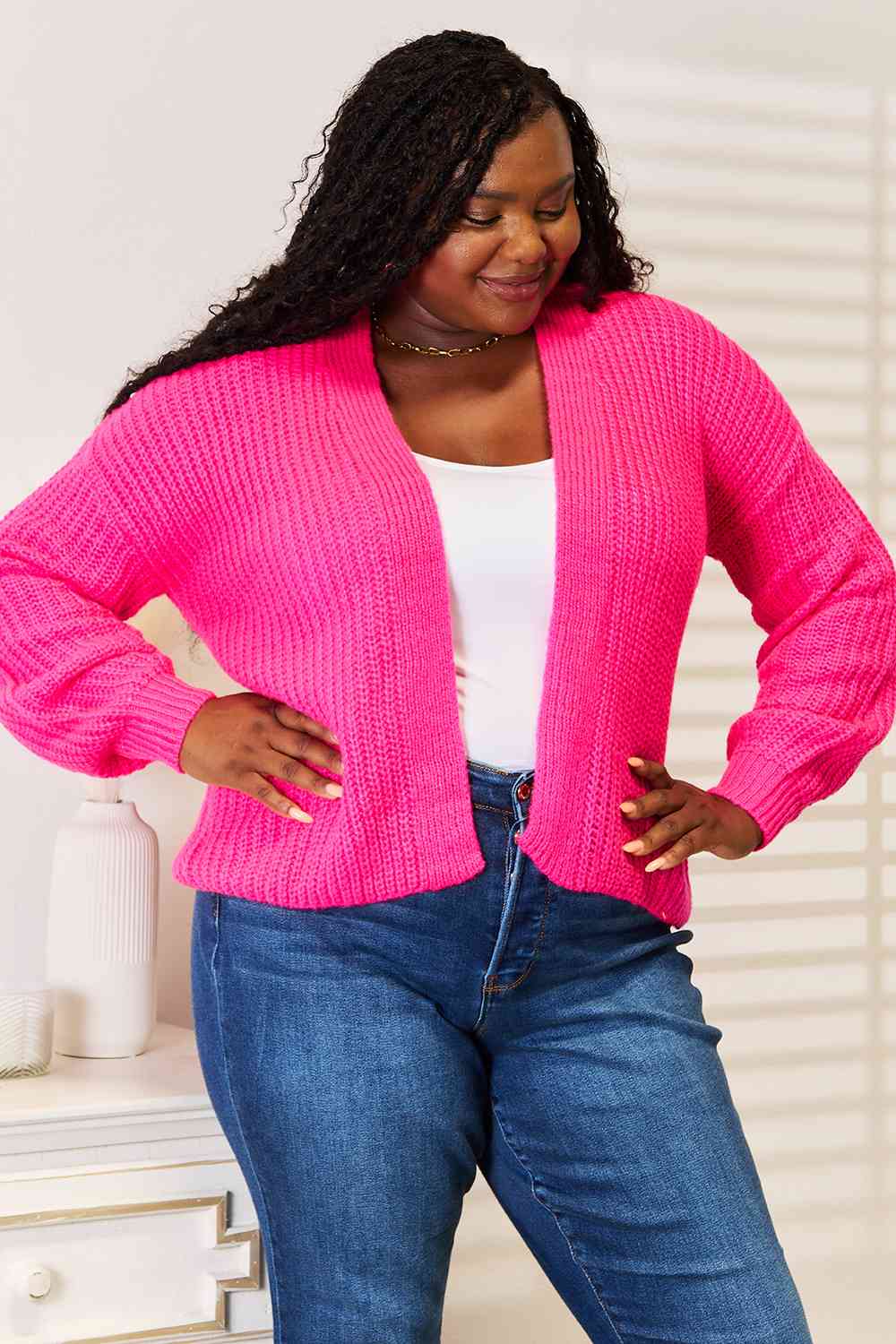 Rib-Knit Open Front Drop Shoulder Cardigan