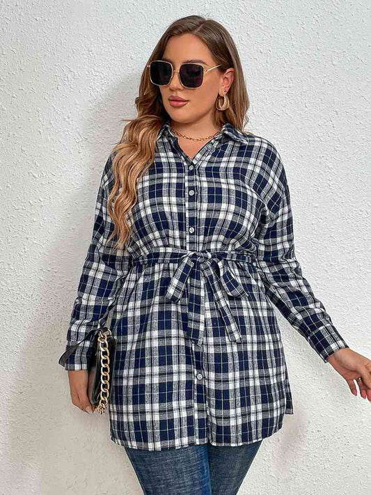 Plus Size Plaid Collared Neck Tie Waist Shirt