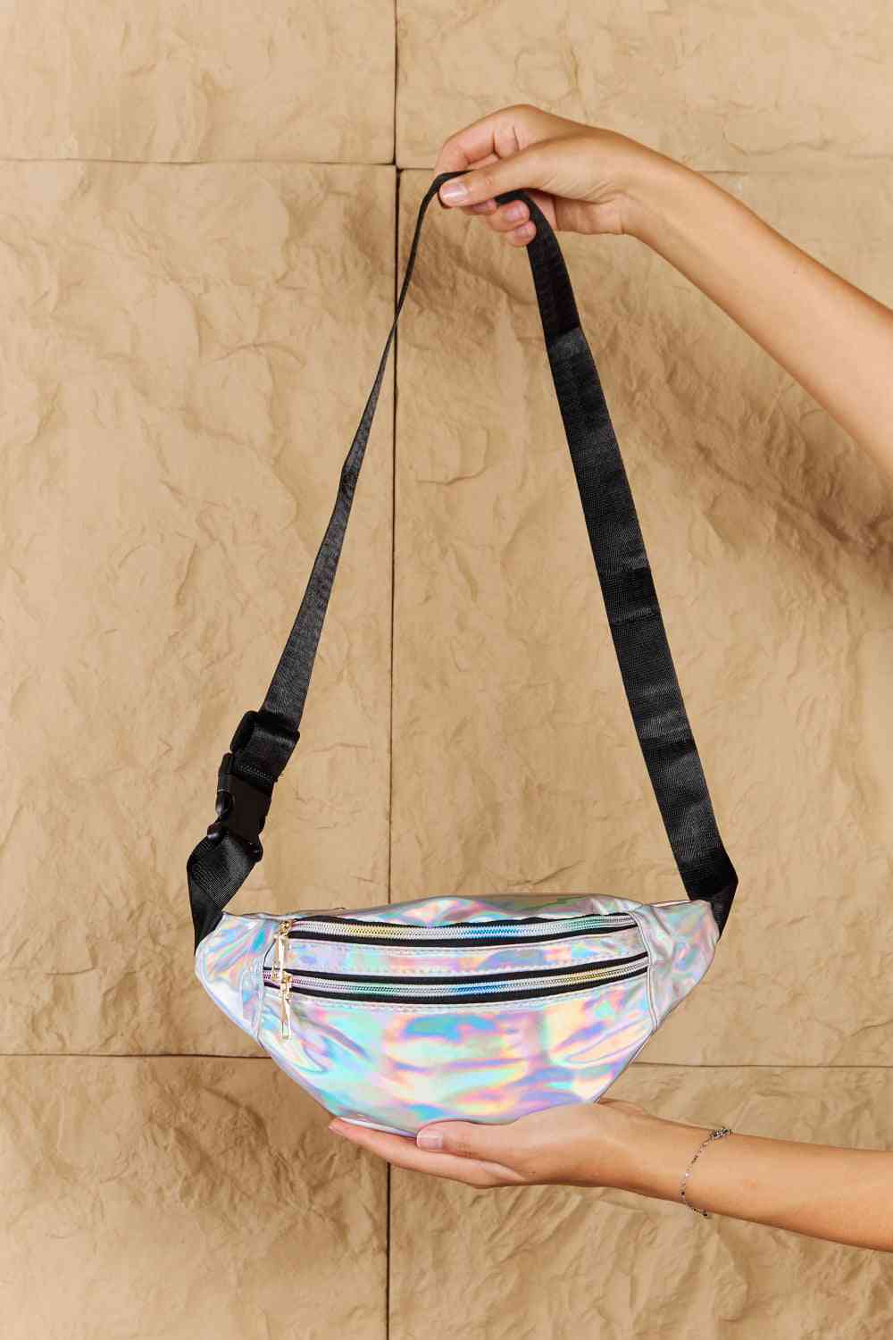 Good Vibrations Holographic Double Zipper Fanny Pack in Silver