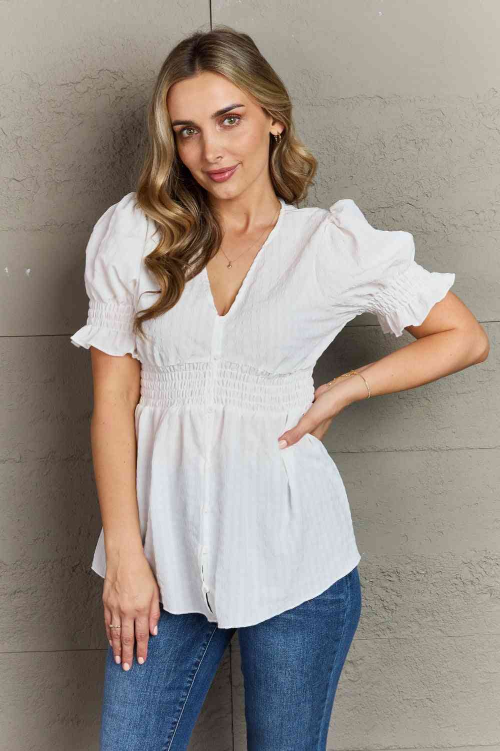 Sweet Serenity V-Neck Puff Sleeve Button Down Top