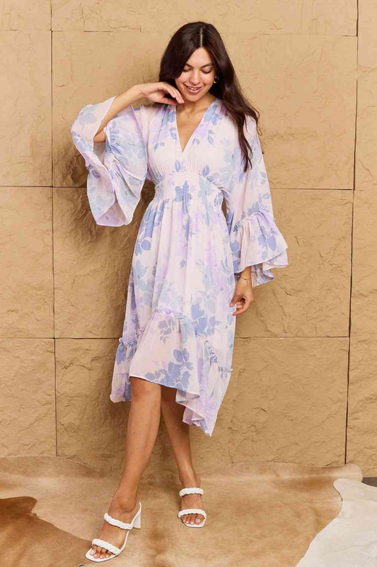 Take Me With You Floral Bell Sleeve Midi Dress in Blue