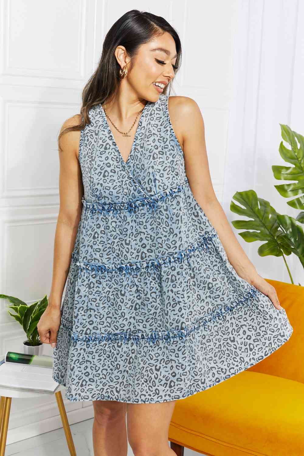 Wild One Washed Denim Leopard Dress