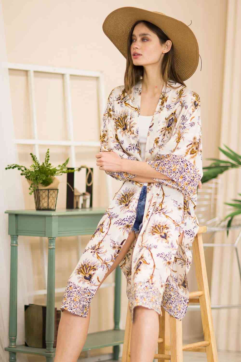 Floral Open Front Slit Duster Cardigan