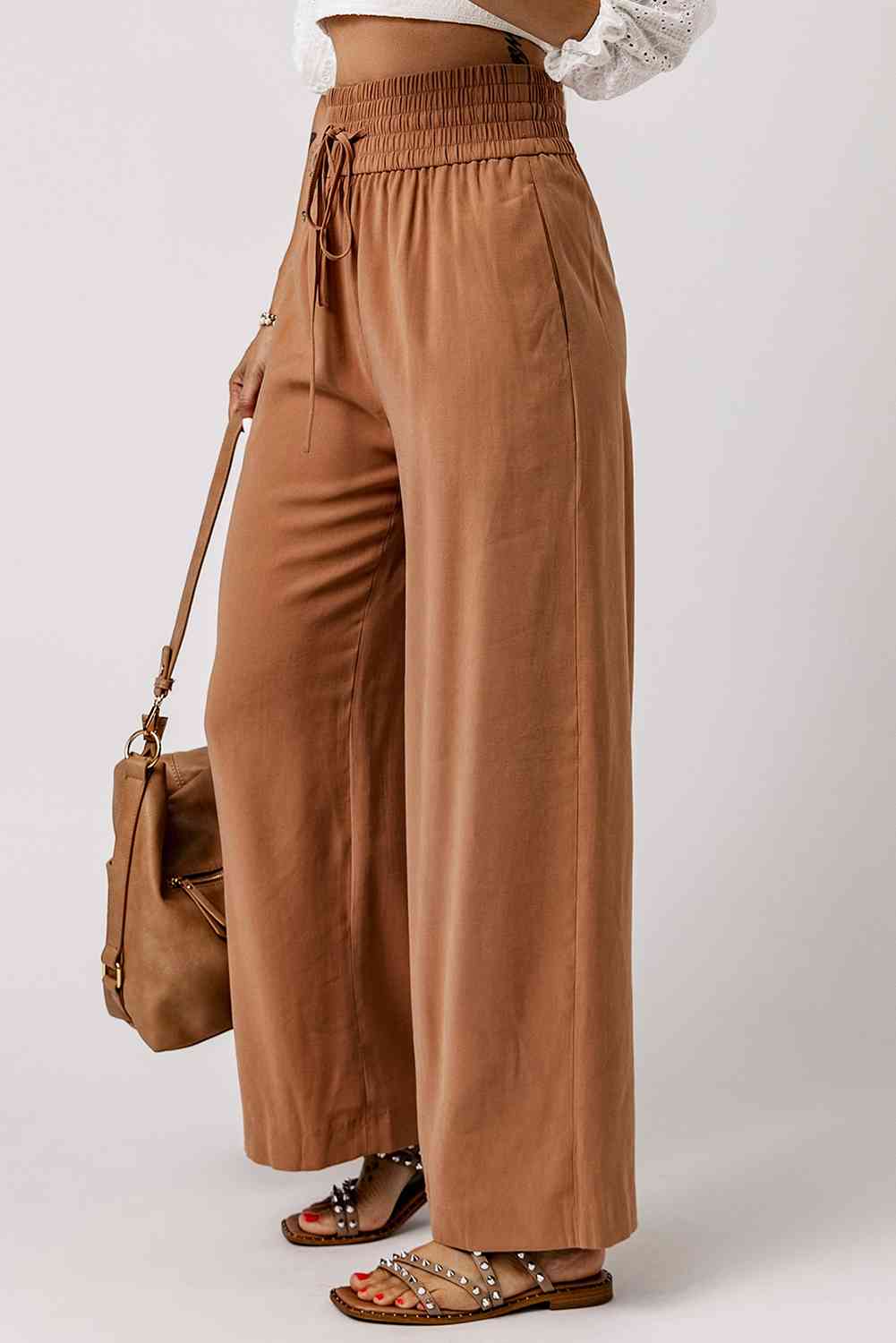 Drawstring Smocked Waist Wide Leg Pants