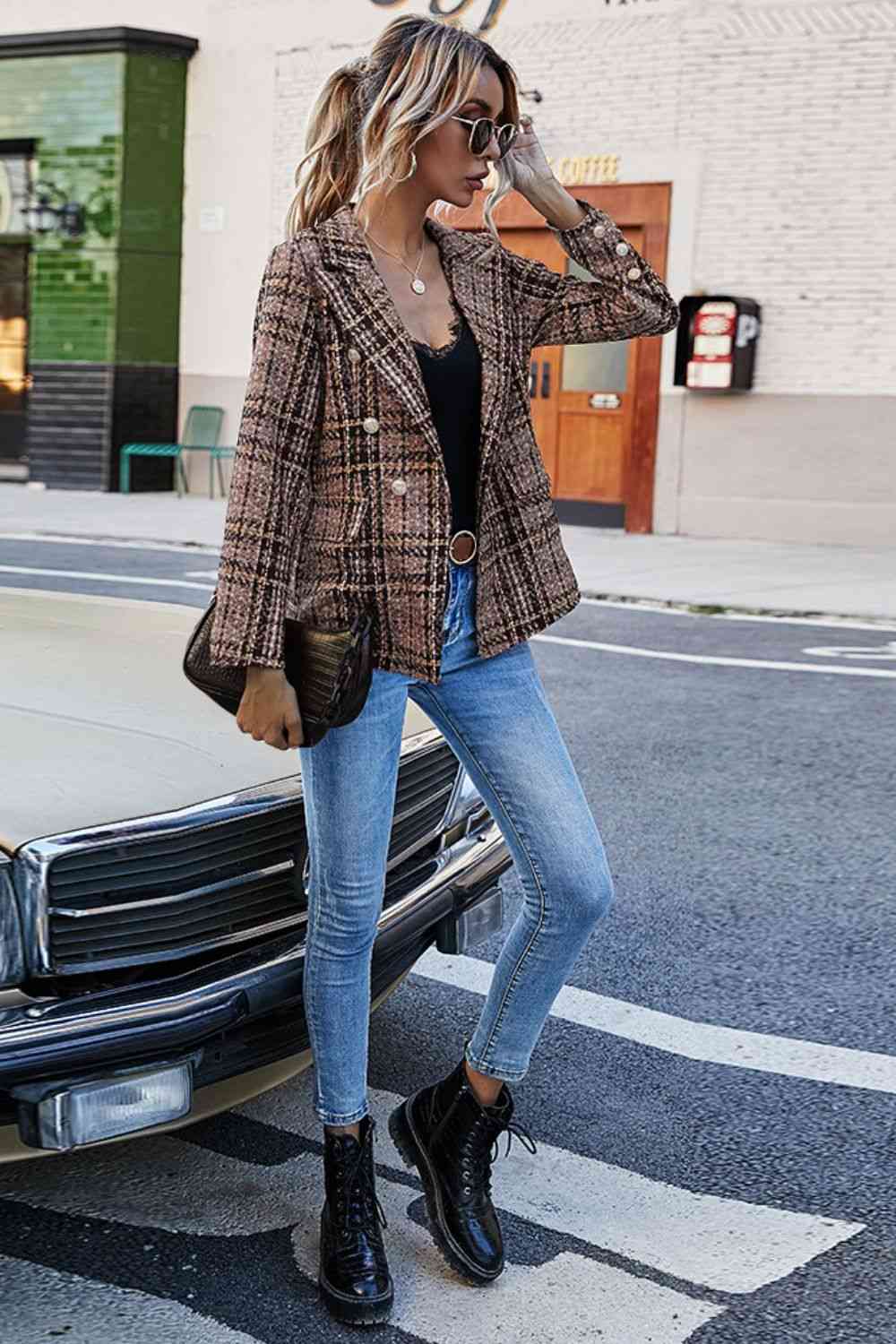 Full Size Plaid Buttoned Blazer