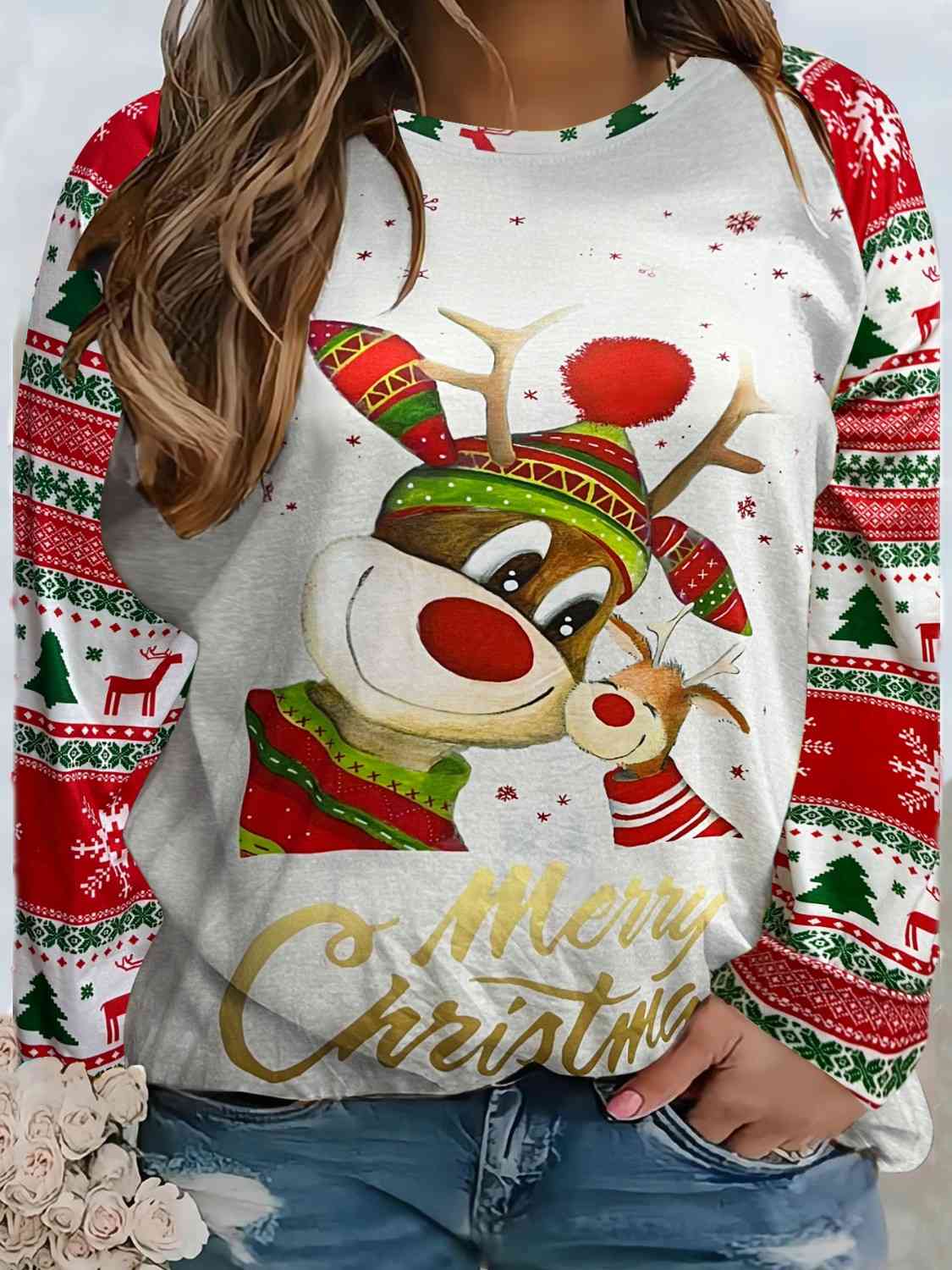 Plus Size Reindeer Graphic Round Neck Long Sleeve T-Shirt