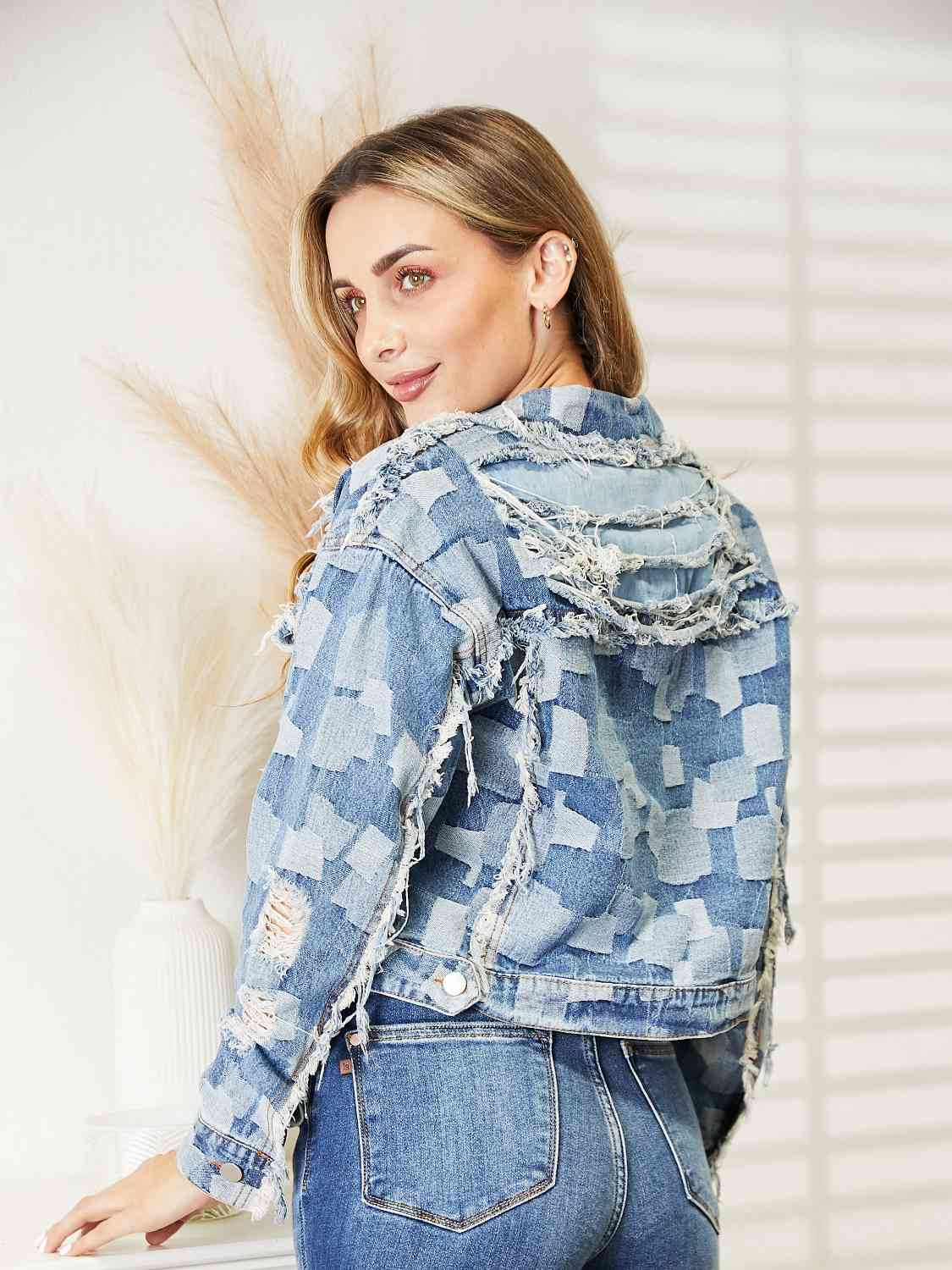 Plaid Raw Hem Dropped Shoulder Denim Jacket