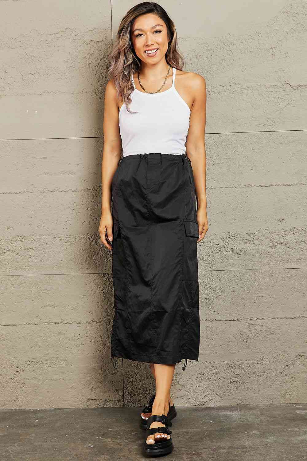 Just In Time High Waisted Cargo Midi Skirt in Black