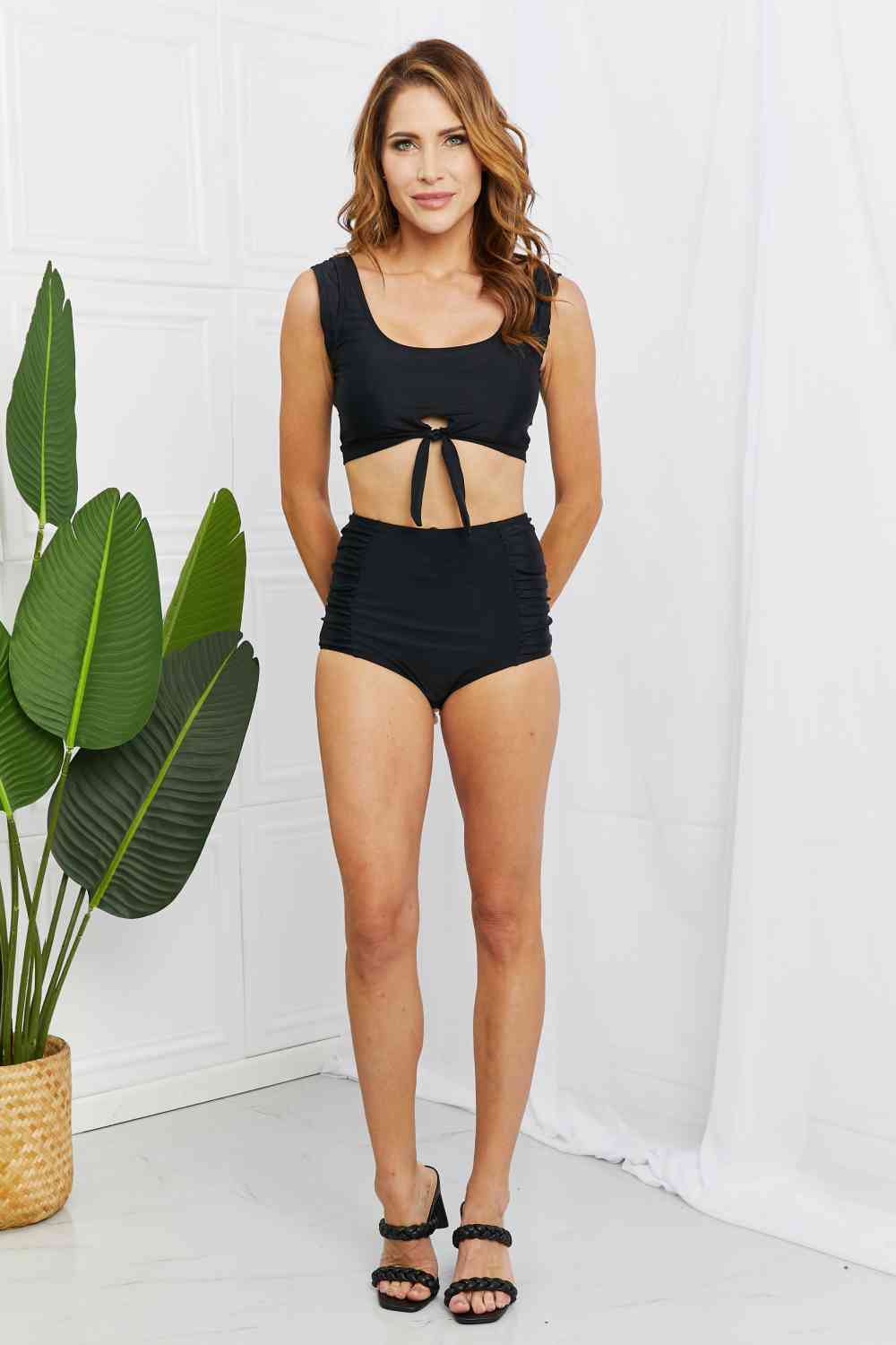 Sanibel Crop Swim Top and Ruched Bottoms Set in Black