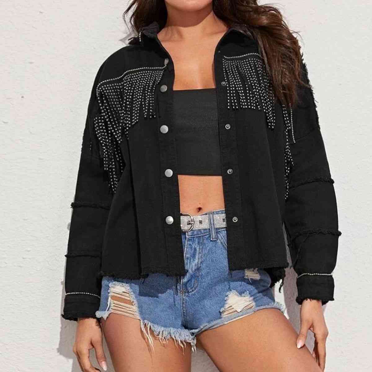 Fringe Detail Button-Down Collared Neck Denim Jacket