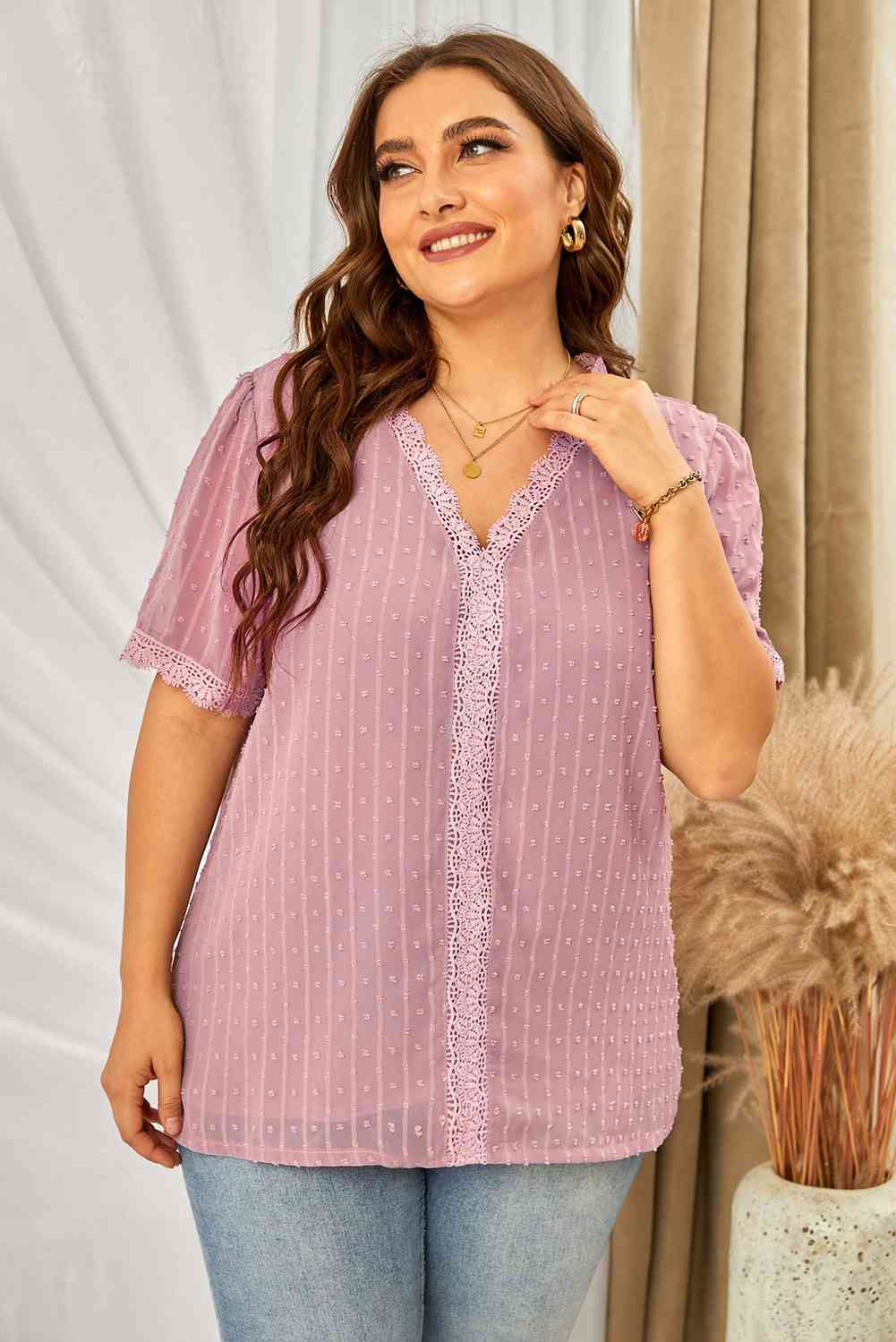 Plus Size Swiss Dot Spliced Lace V-Neck Blouse