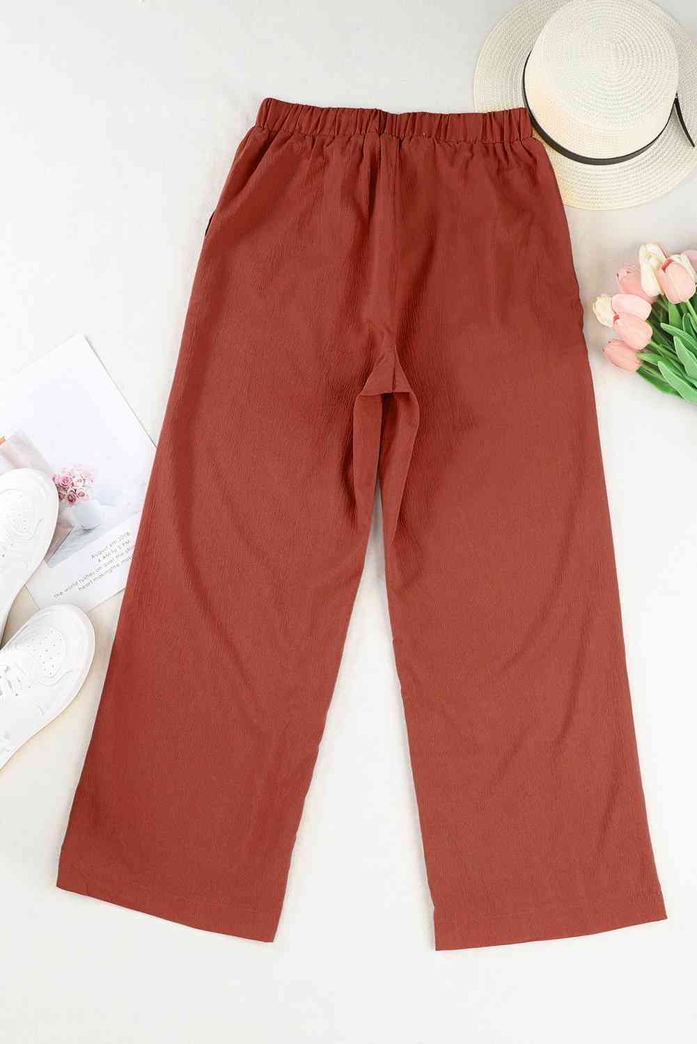 Drawstring Waist Crinkled Wide Leg Pants