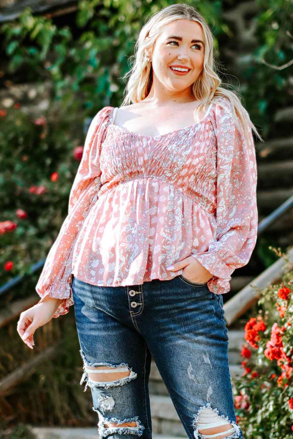 Plus Size Floral Smocked Flounce Sleeve Blouse