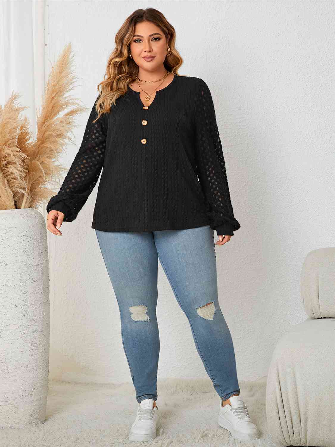 Plus Size Openwork Notched Button Front Blouse