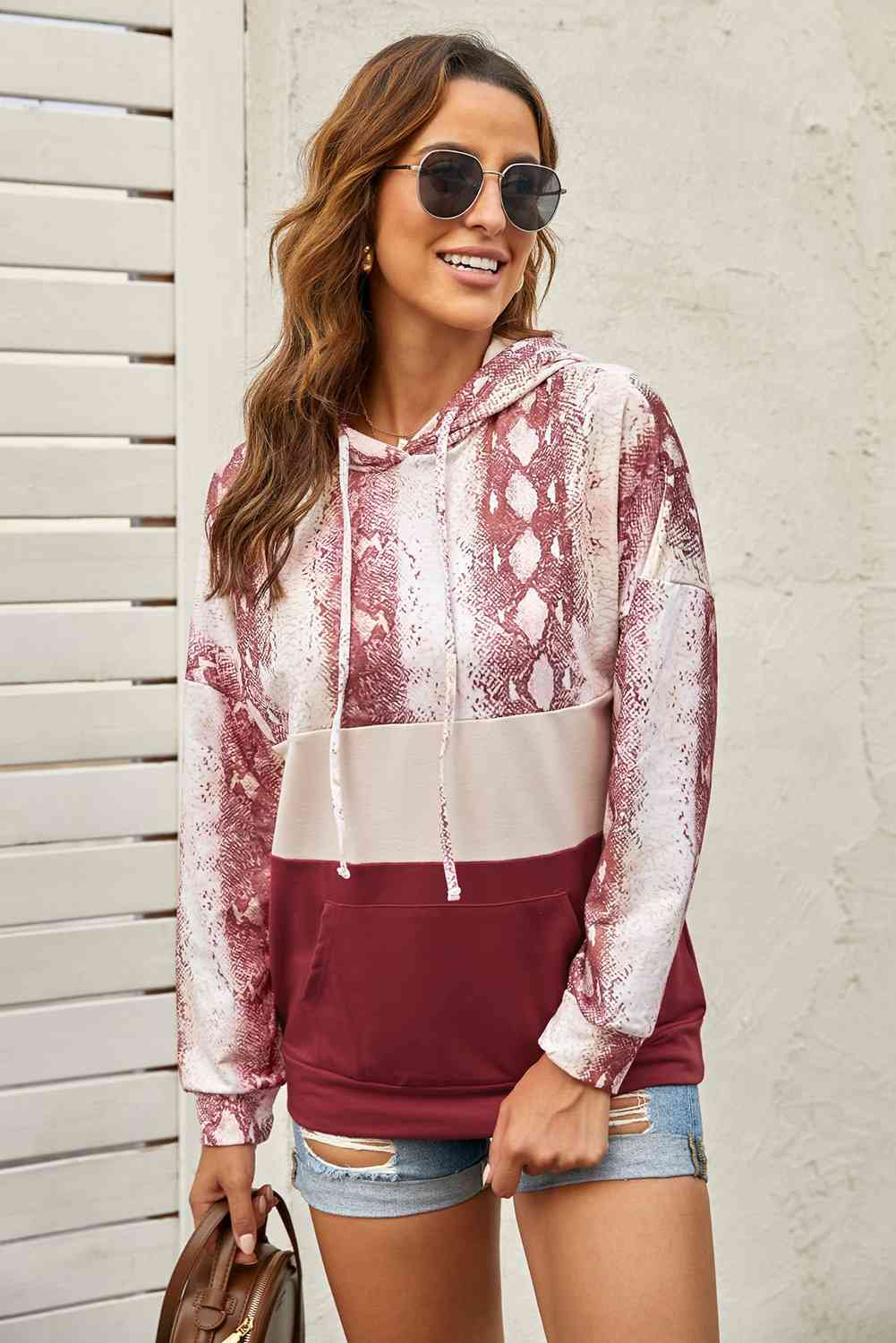 Snake Print Color Block Drawstring Detail Hoodie