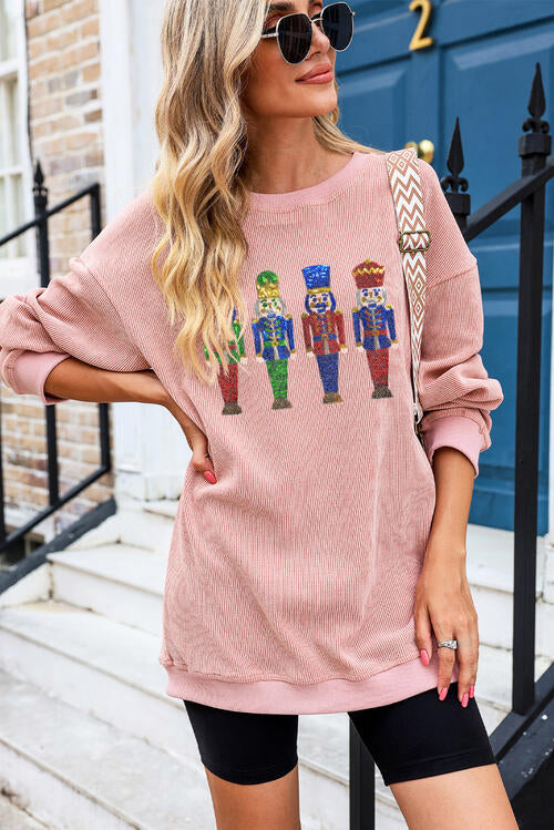 Nutcracker Sequin Round Neck Drop Shoulder Sweatshirt