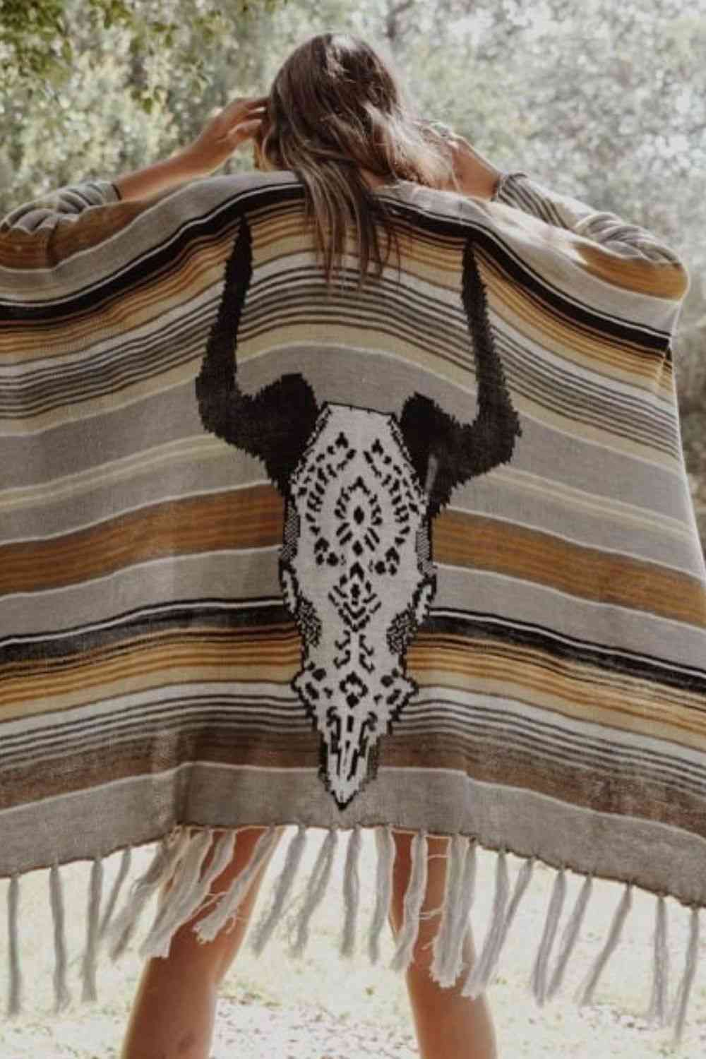 Desert Wanderer Cow Skull Striped Poncho