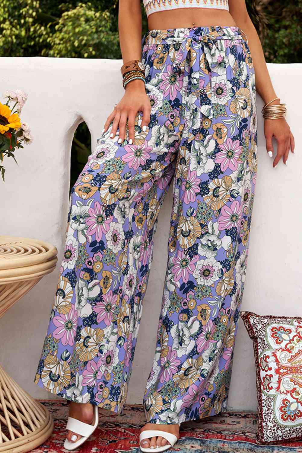 Floral Tie Belt Wide Leg Pants