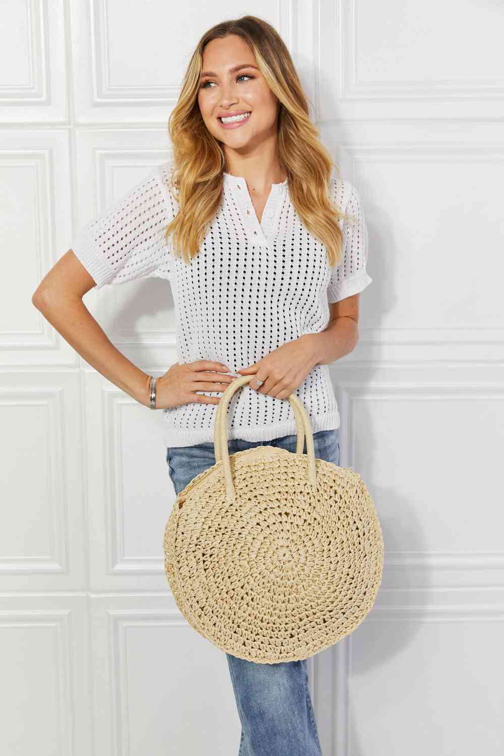 Beach Date Straw Rattan Handbag in Ivory