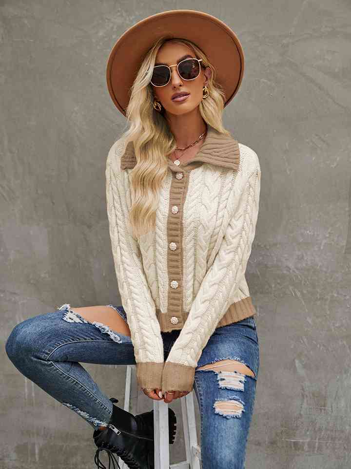 Collared Neck Long Sleeve Cardigan