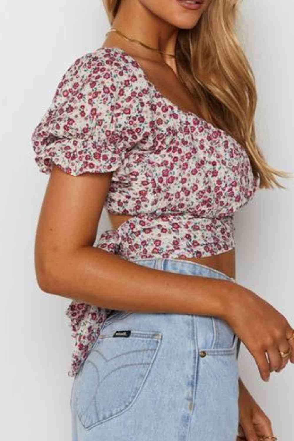 Flower Print Ruffle Trim Off-Shoulder Back Tie Blouse