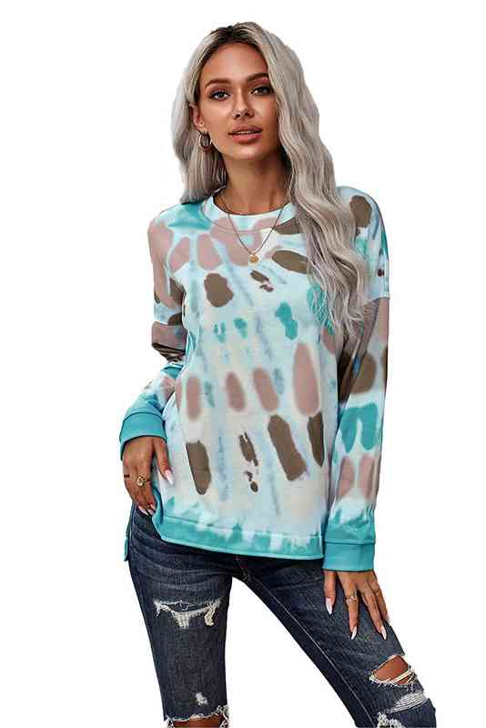 Tie-Dye Side Slit Long Sleeve Top