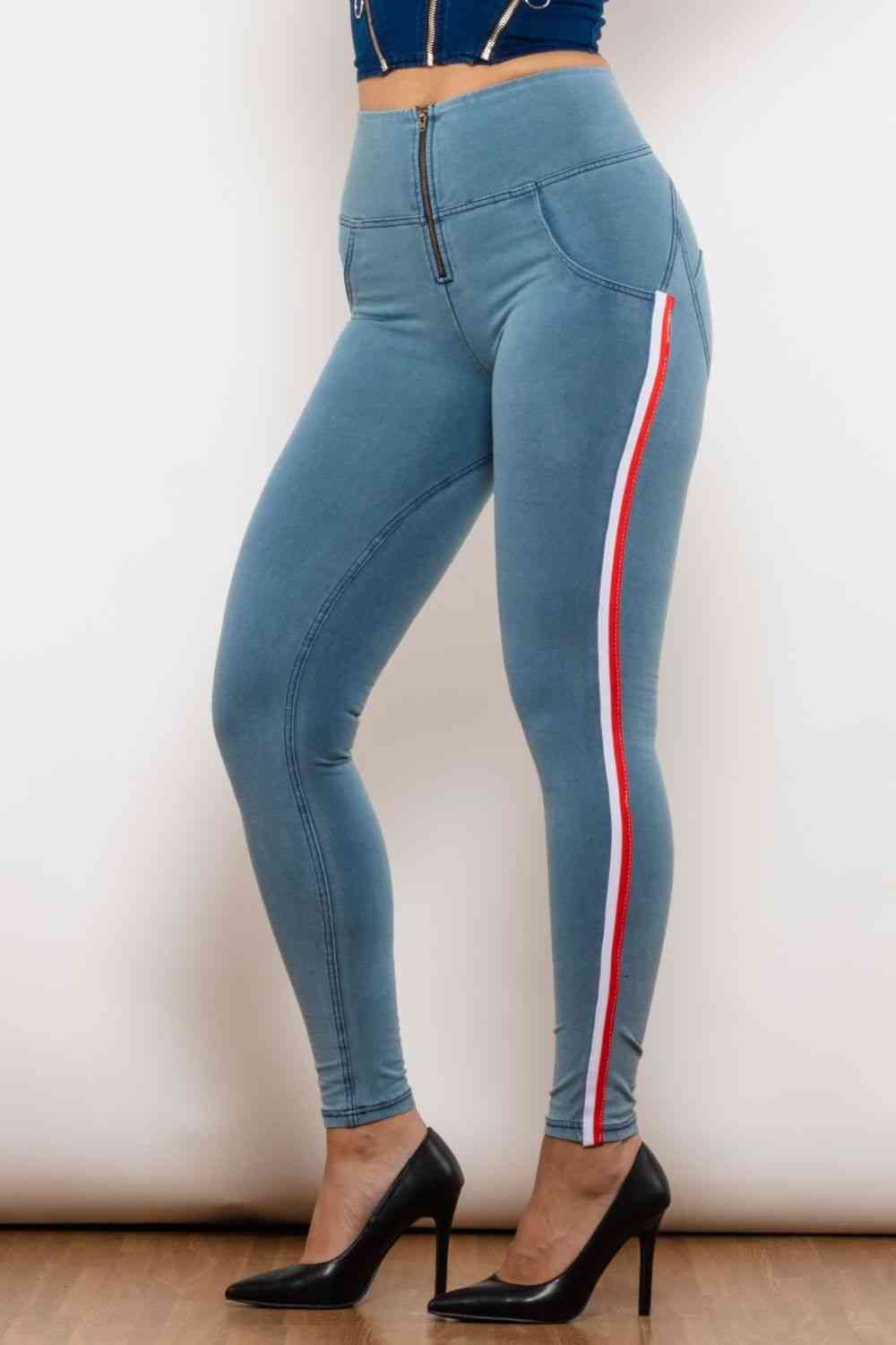 Side Stripe Contrast Zip Closure Skinny Jeans