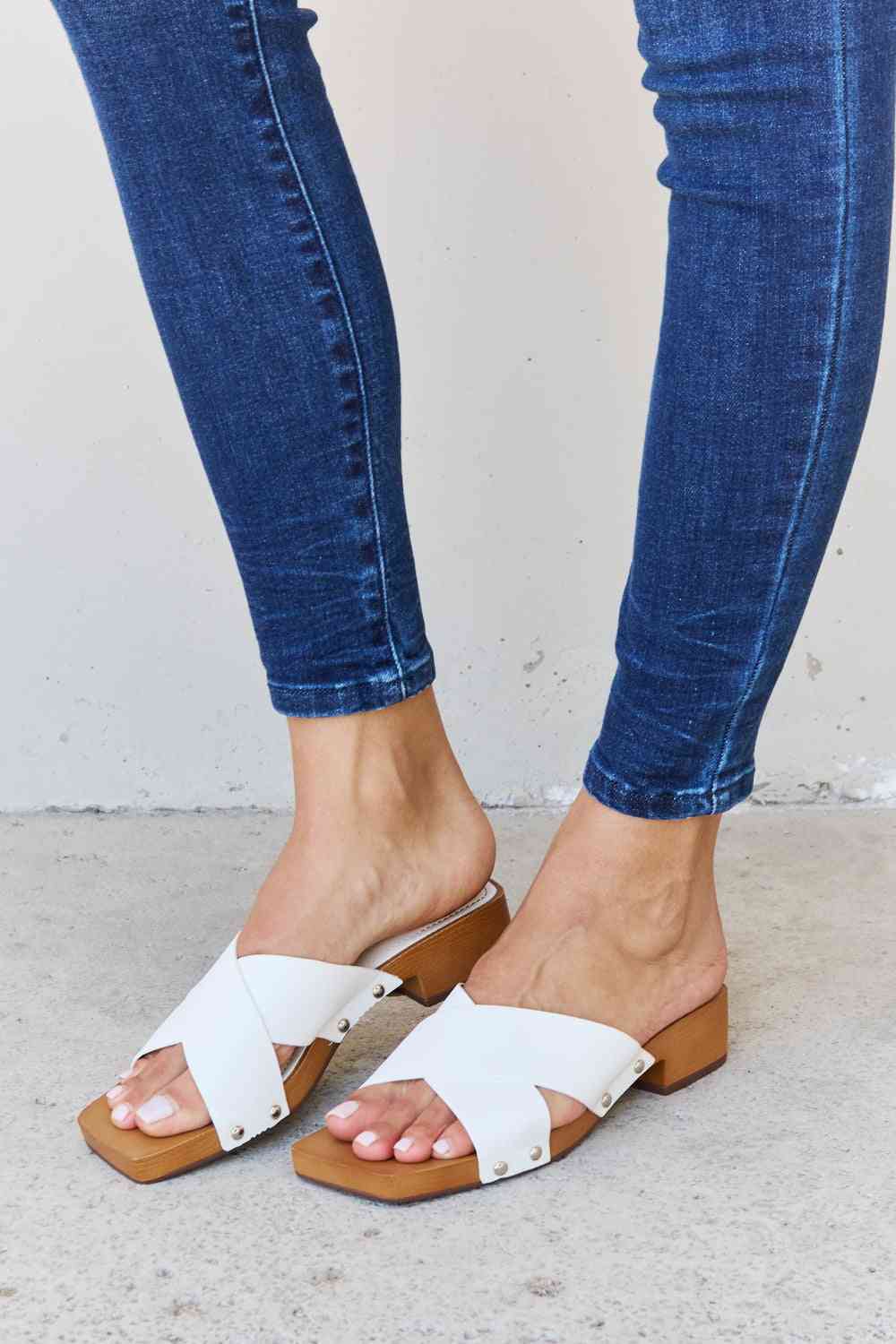 Step Into Summer Criss Cross Wooden Clog Mule in White