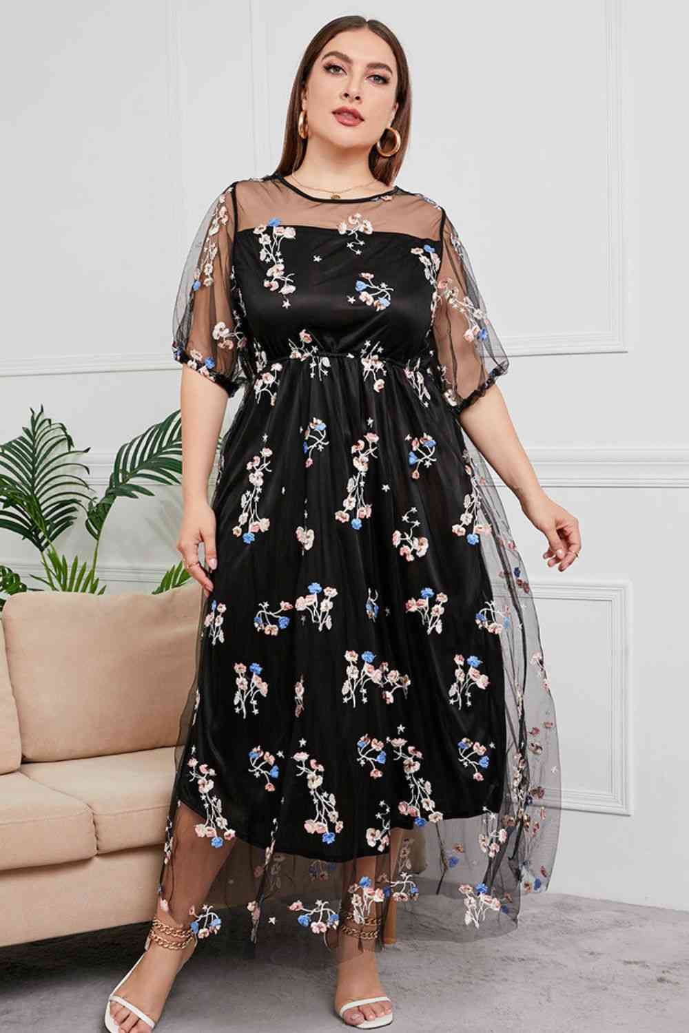 Plus Size Layered Mesh Round Neck Maxi Dress