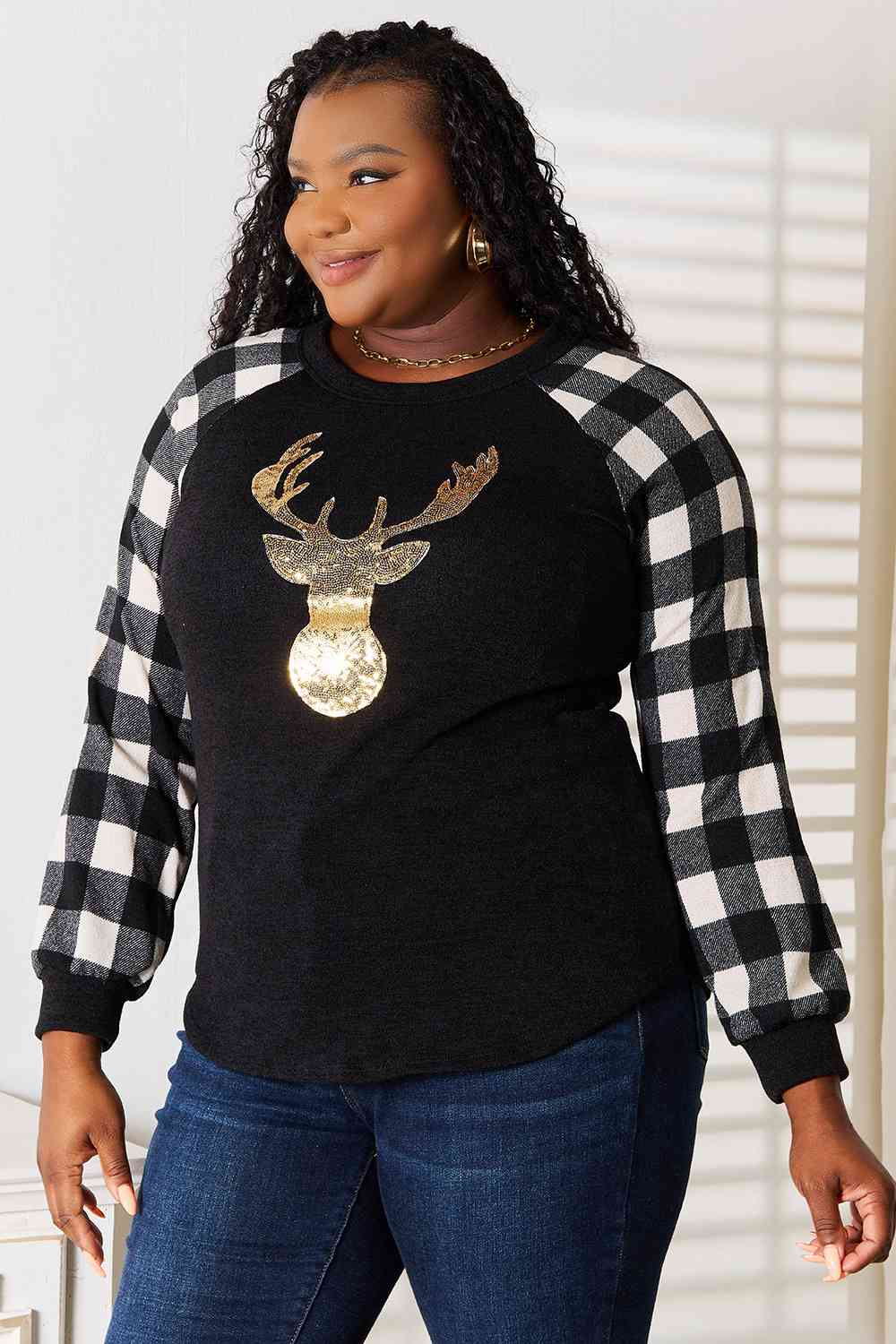 Sequin Reindeer Graphic Plaid Top