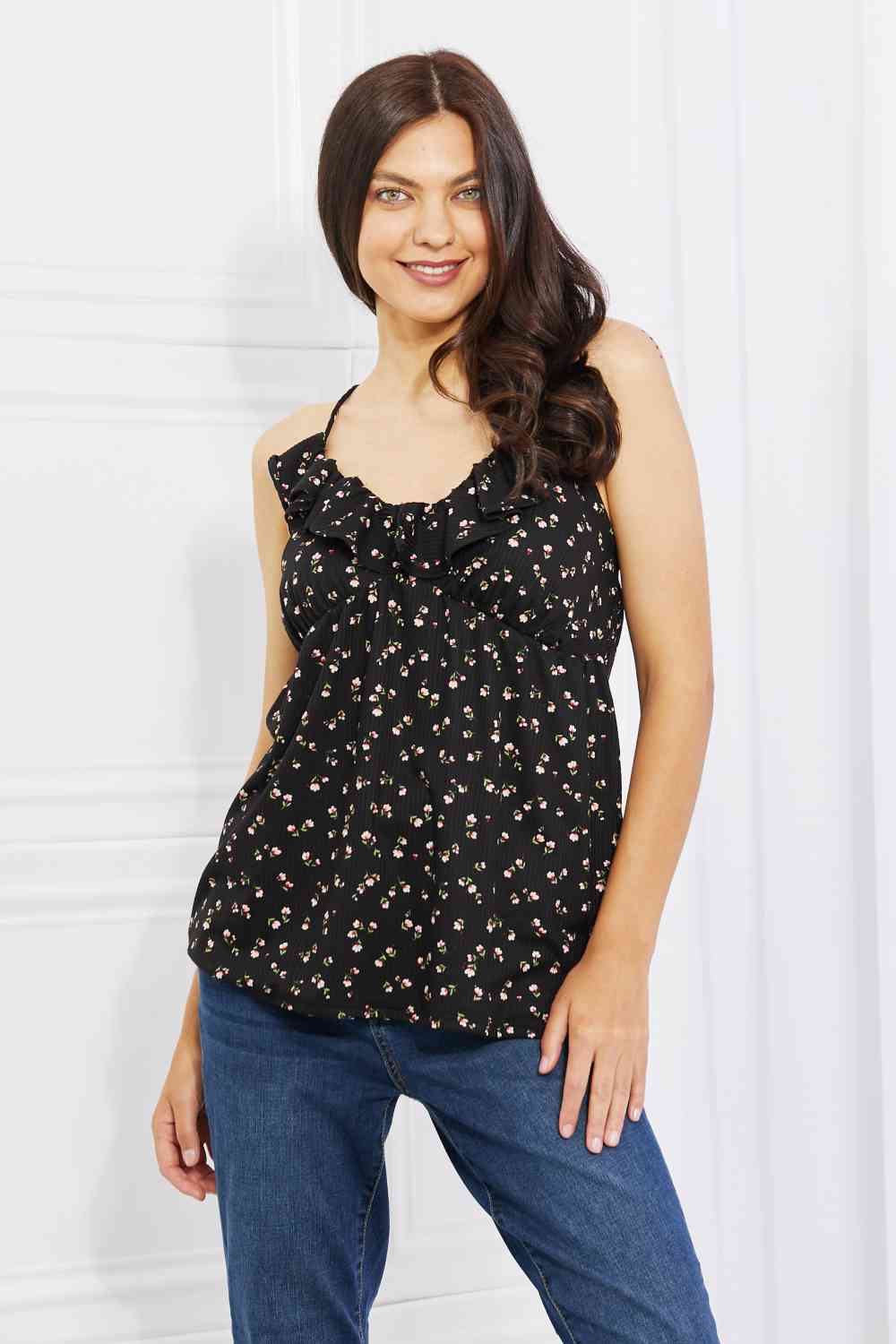 Taste of Spring Ruffle Sleeveless Top in Black