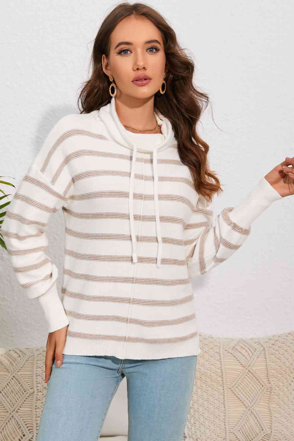 Double Take Cowl Neck Drawstring Dropped Shoulder Striped Print Blouse