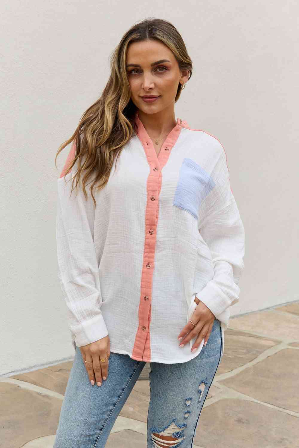 Full Size Color Block Woven Button Down Top