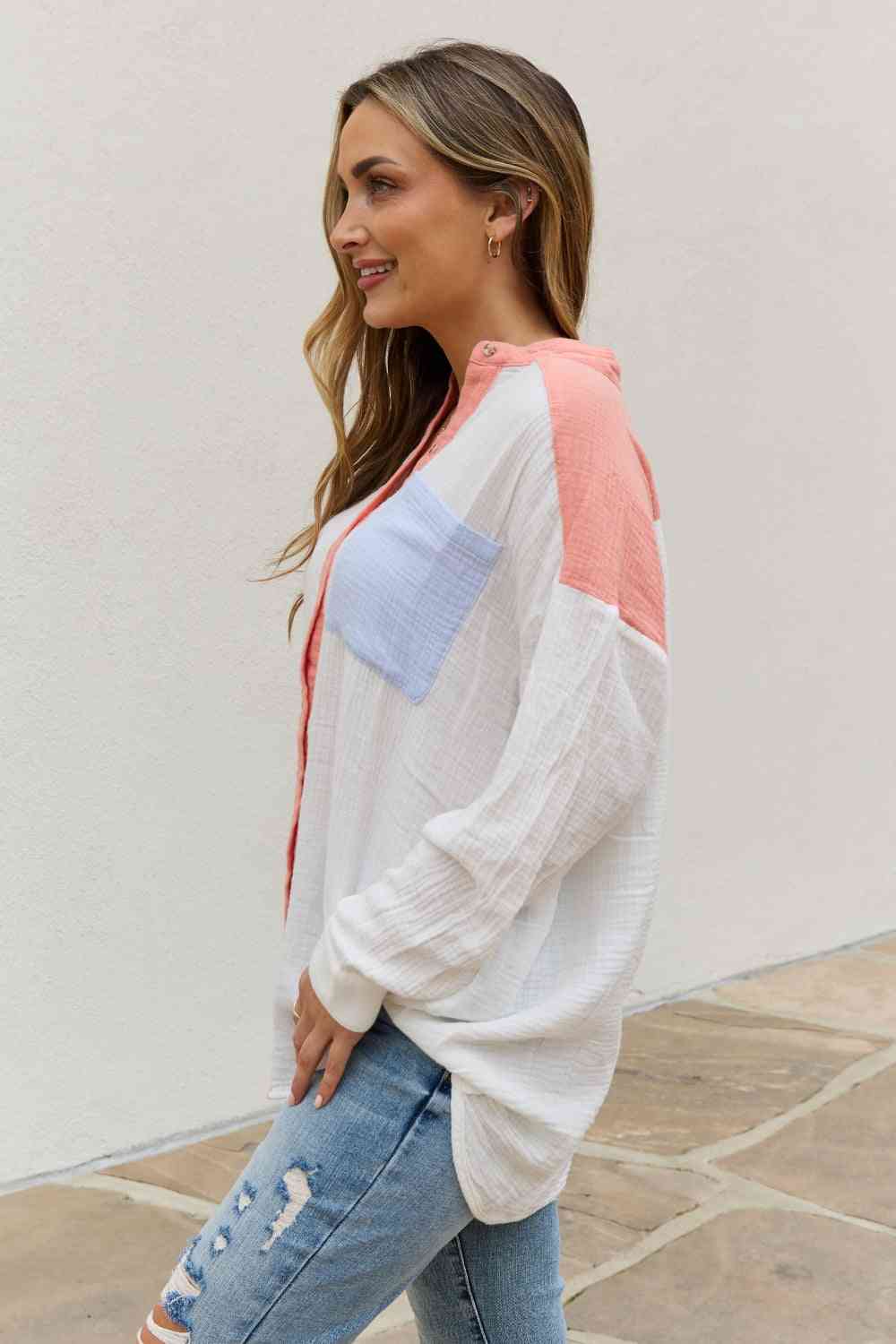 Full Size Color Block Woven Button Down Top