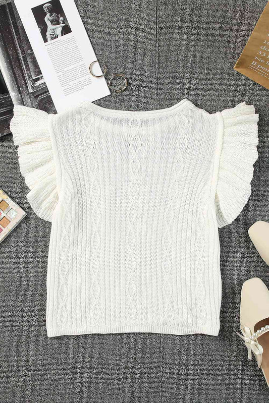 Flutter Sleeve Pompom Detail Knit Top