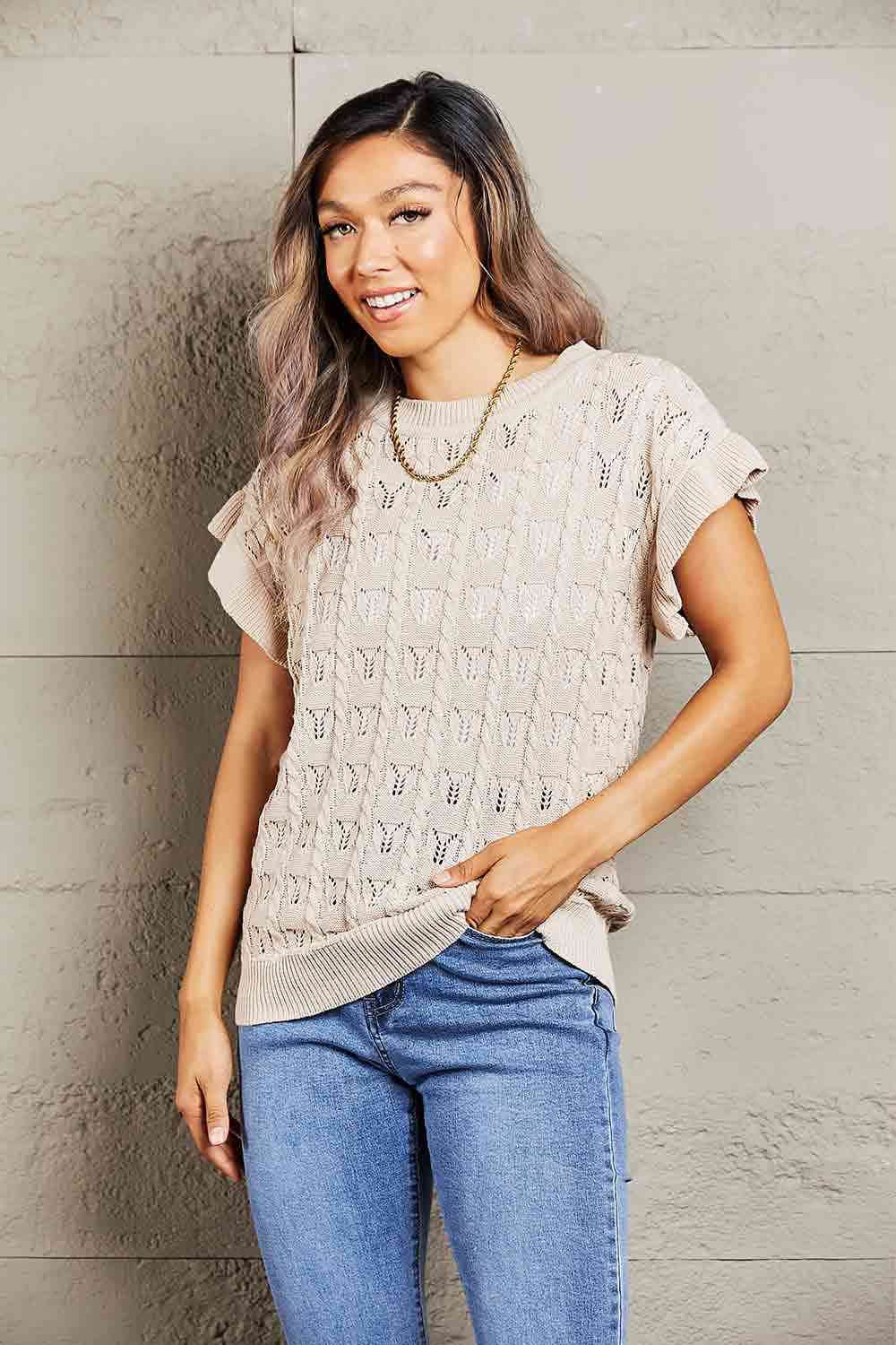 Double Take Round Neck Short Sleeve Cable-Knit Top