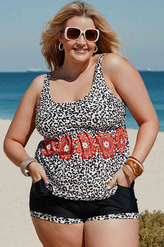 Plus Size Mixed Print Tankini Set with Pockets