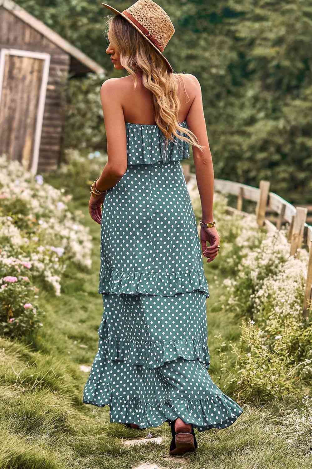 Polka Dot Strapless Slit Ruffled Maxi Dress